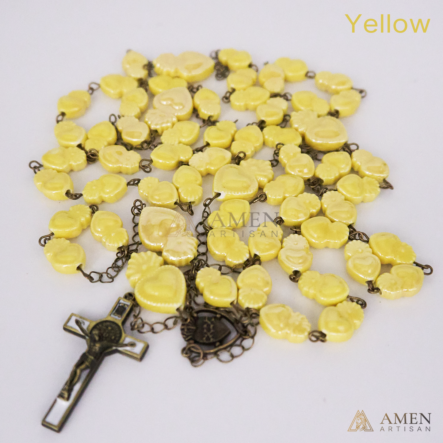 Rosario de cerámica con cuentas del Sagrado Corazón - Estilo bronce vintage - Amen Artisan