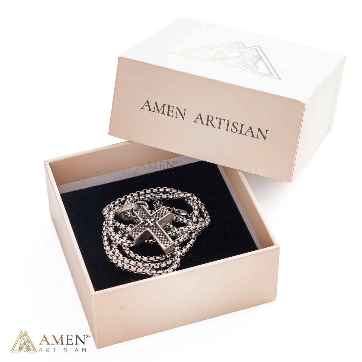 Double Layer Textured Cross Pendant Necklace Amen Artisan