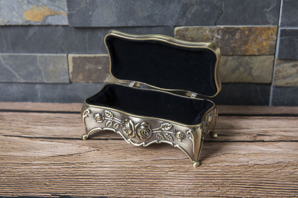 Vintage Rose Metal Rosary Keepsake Box with Raised Floral Details