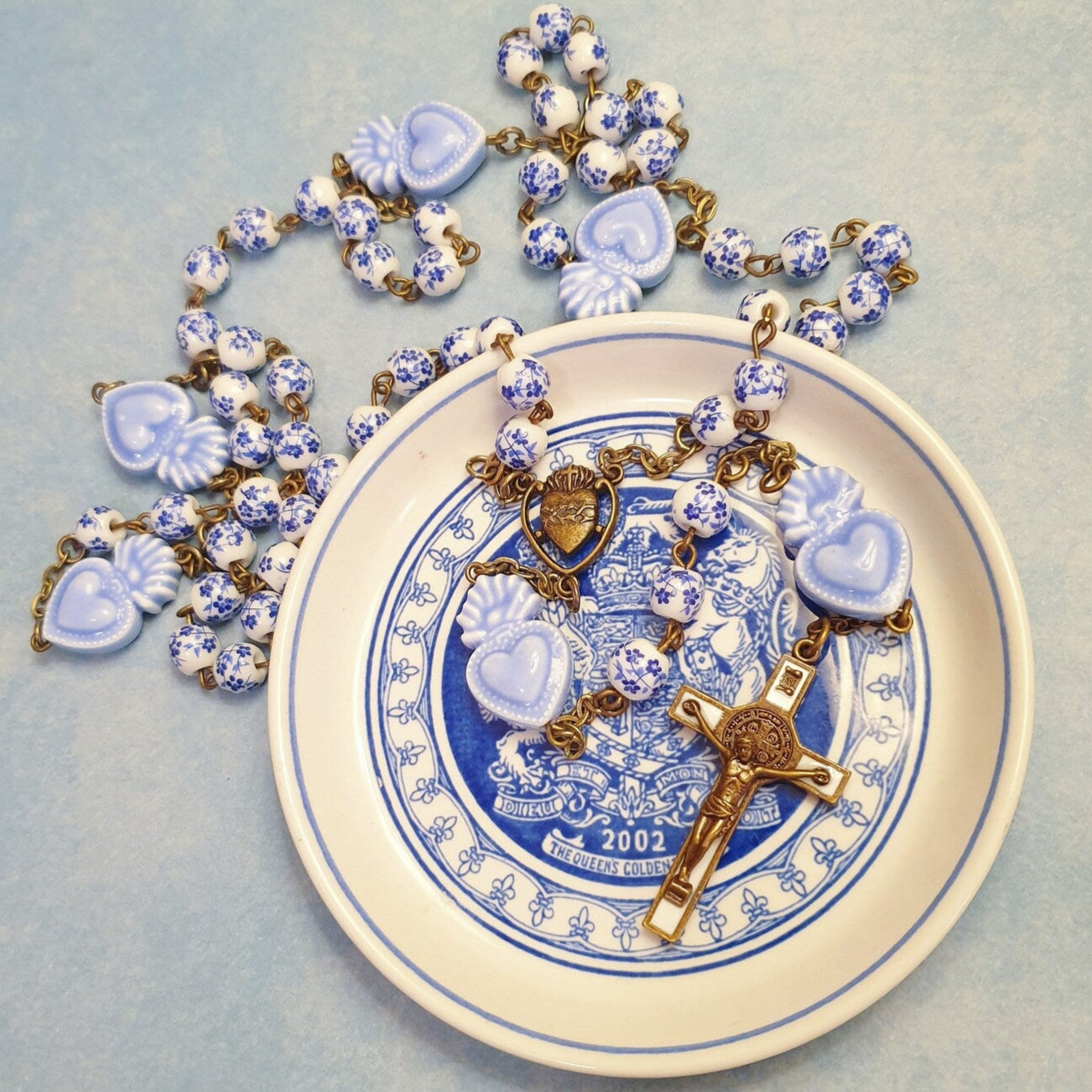 Delft Blue Beads Sacred Heart Rosary - Blue and White Cherry Blossom Beads Vintage Bronze Style Ceramic Rosary -Amen Artisan