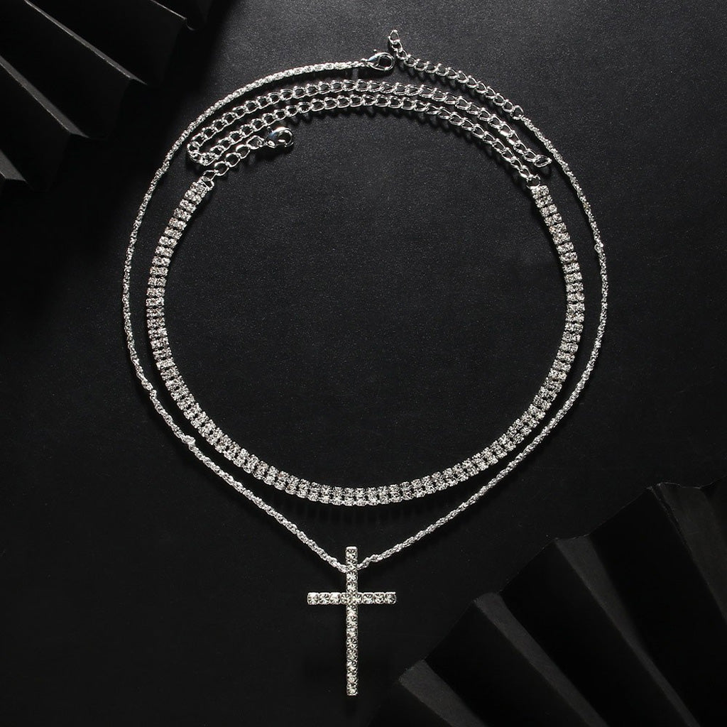 Sparkling Layered Cross Necklace with Rhinestone Details