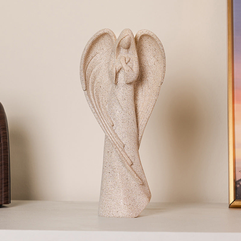 Praying Sandstone Angel Figurine Silent Spiritual Guardian, Natural Desk Accent Amen Artisan