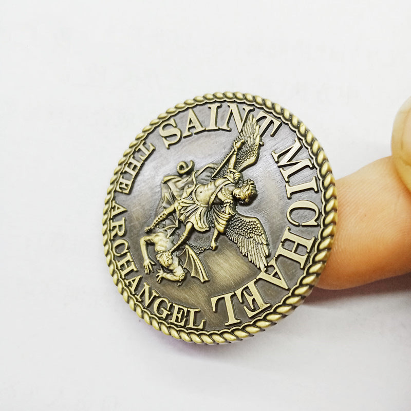St Michael Challenge Coin – Antique Bronze Archangel Defeating Dragon Medal with Prayer -Amen Artisan