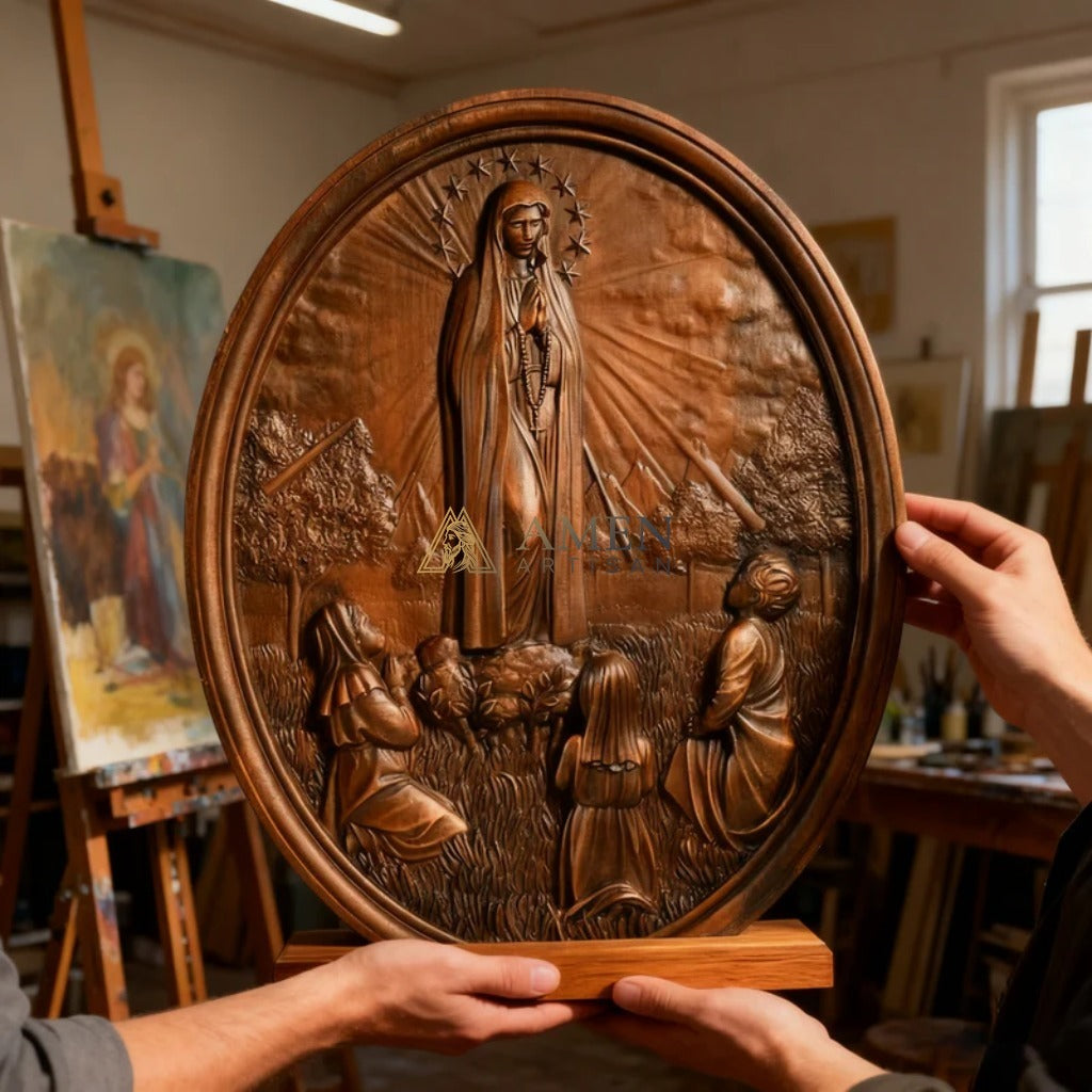 Our Lady of Fatima Wooden Statue Amen Artisan