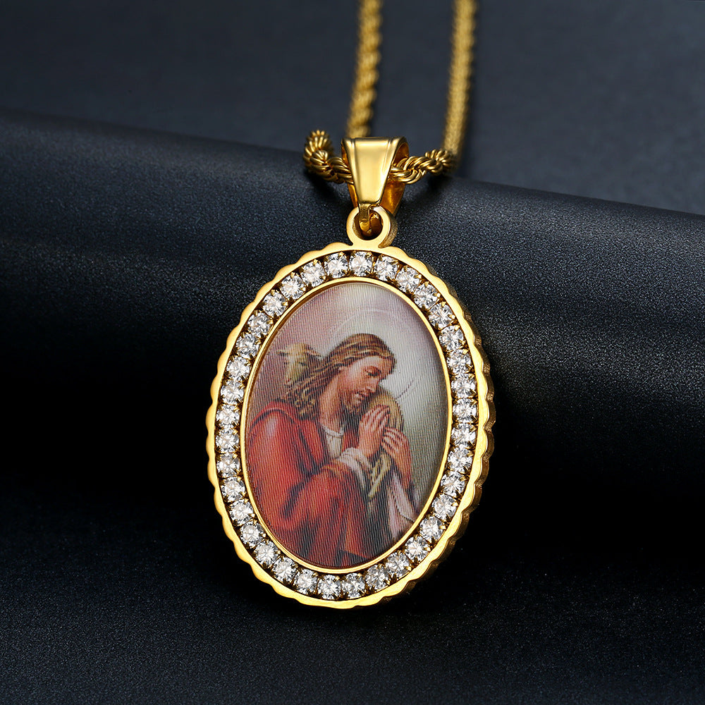 Holy Mother Photo Memorial Titanium Steel Zircon Necklace | Amen Artisan