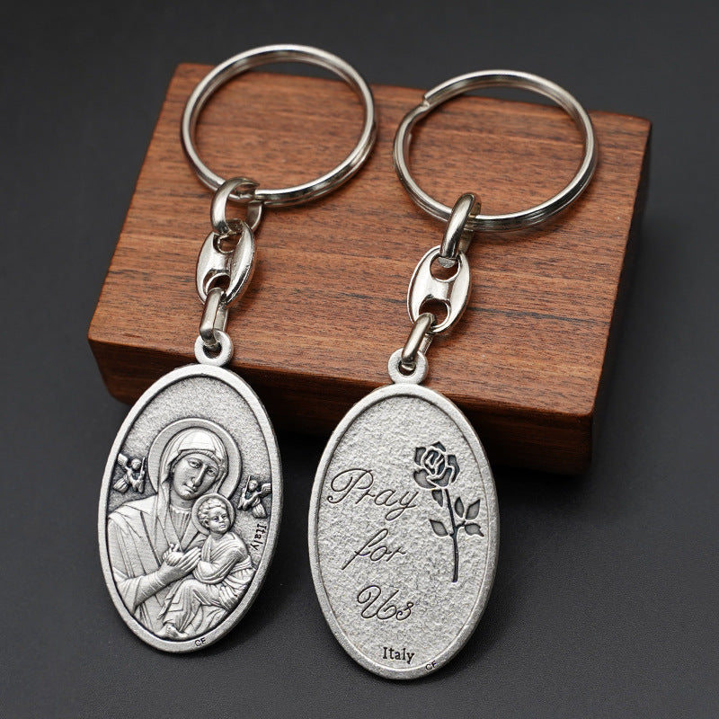 Llavero de Nuestra Señora del Perpetuo Socorro — Aleación de zinc. Gris vintage | Amen Artisan