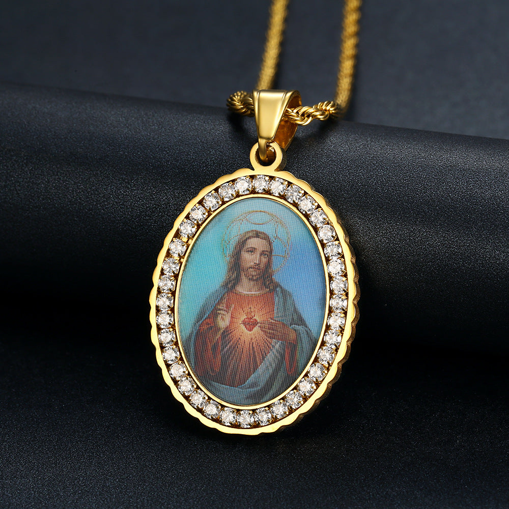 Holy Mother Photo Memorial Titanium Steel Zircon Necklace | Amen Artisan