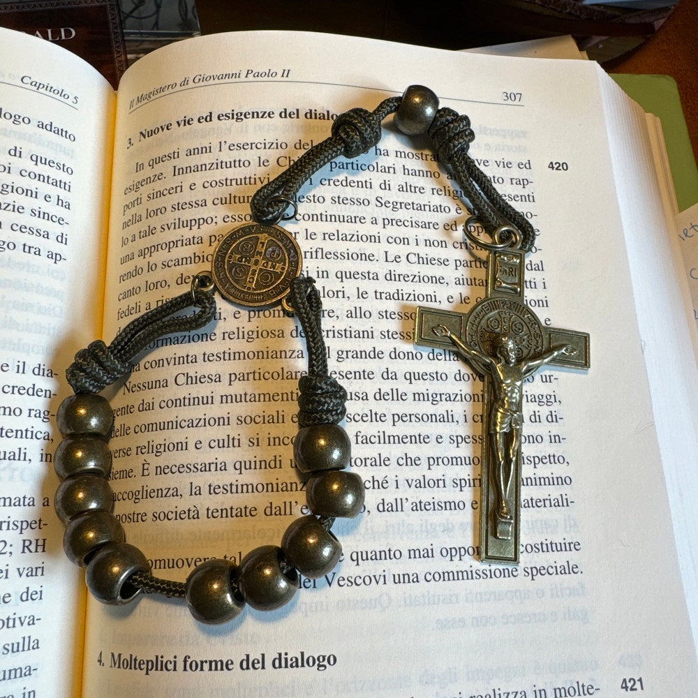Bronze Beads Olive Green Saint Benedict Medal Pocket Rosary Amen Artisan