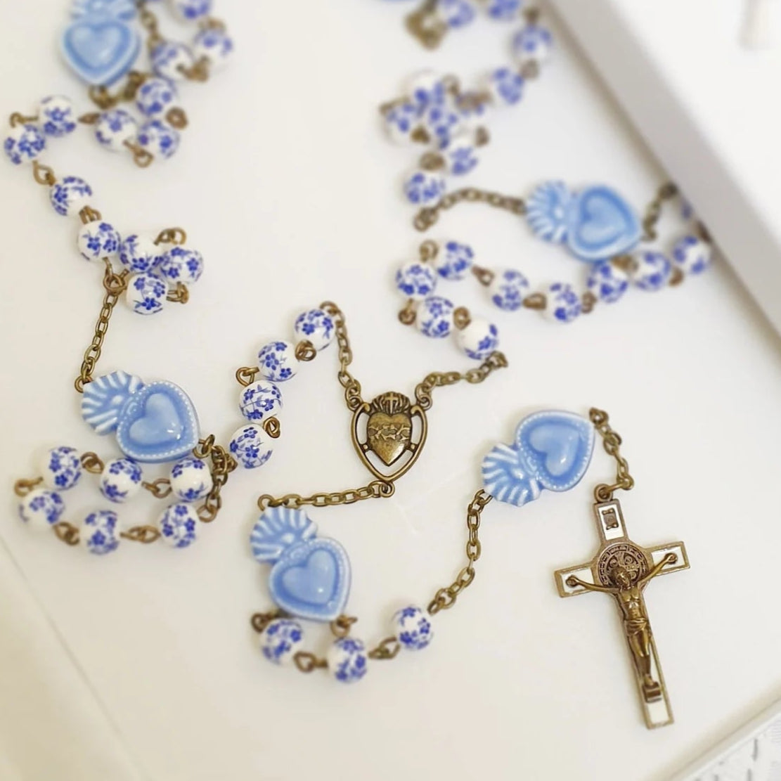 Delft Blue Beads Sacred Heart Rosary - Blue and White Cherry Blossom Beads Vintage Bronze Style Ceramic Rosary -Amen Artisan