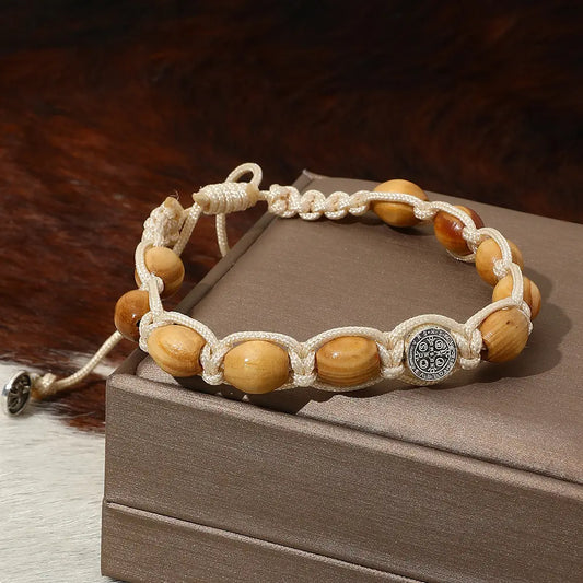 Braided Wooden Beads Saint Benedict Medal Bracelet Amen Artisan