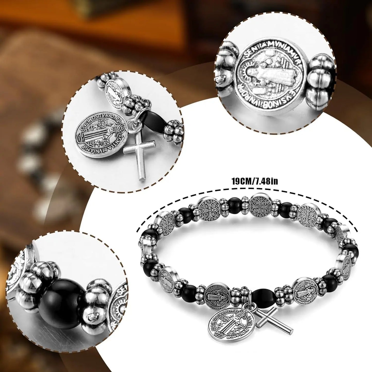 Amen Artisan Hematite Beads Saint Benedict Medal Cross Elastic Cord Bracelet