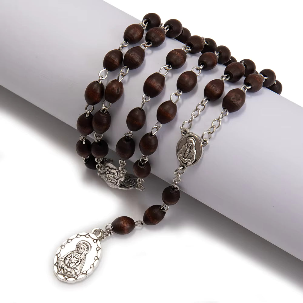 Wooden Seven Sorrows Rosary Bead Necklace Amen Artisan