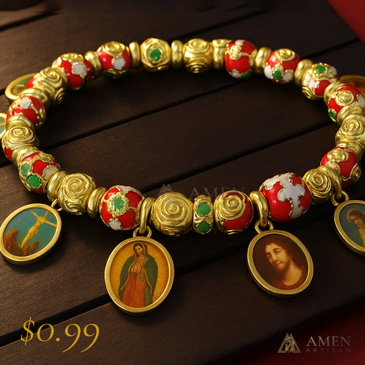 Cloisonné Beads Saint Medal Stretch Bracelet