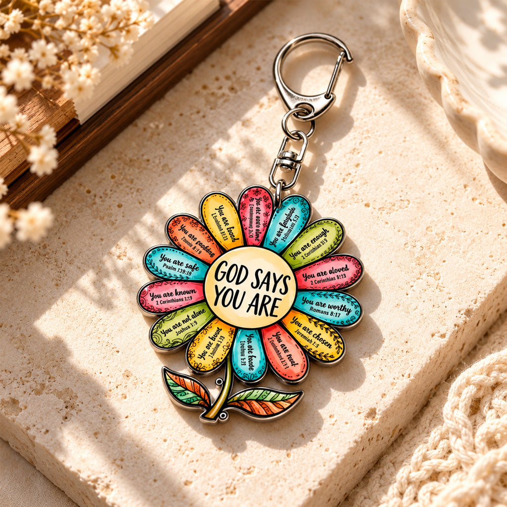 God Says You Are Scripture Flower Keychain