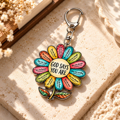 God Says You Are Scripture Flower Keychain