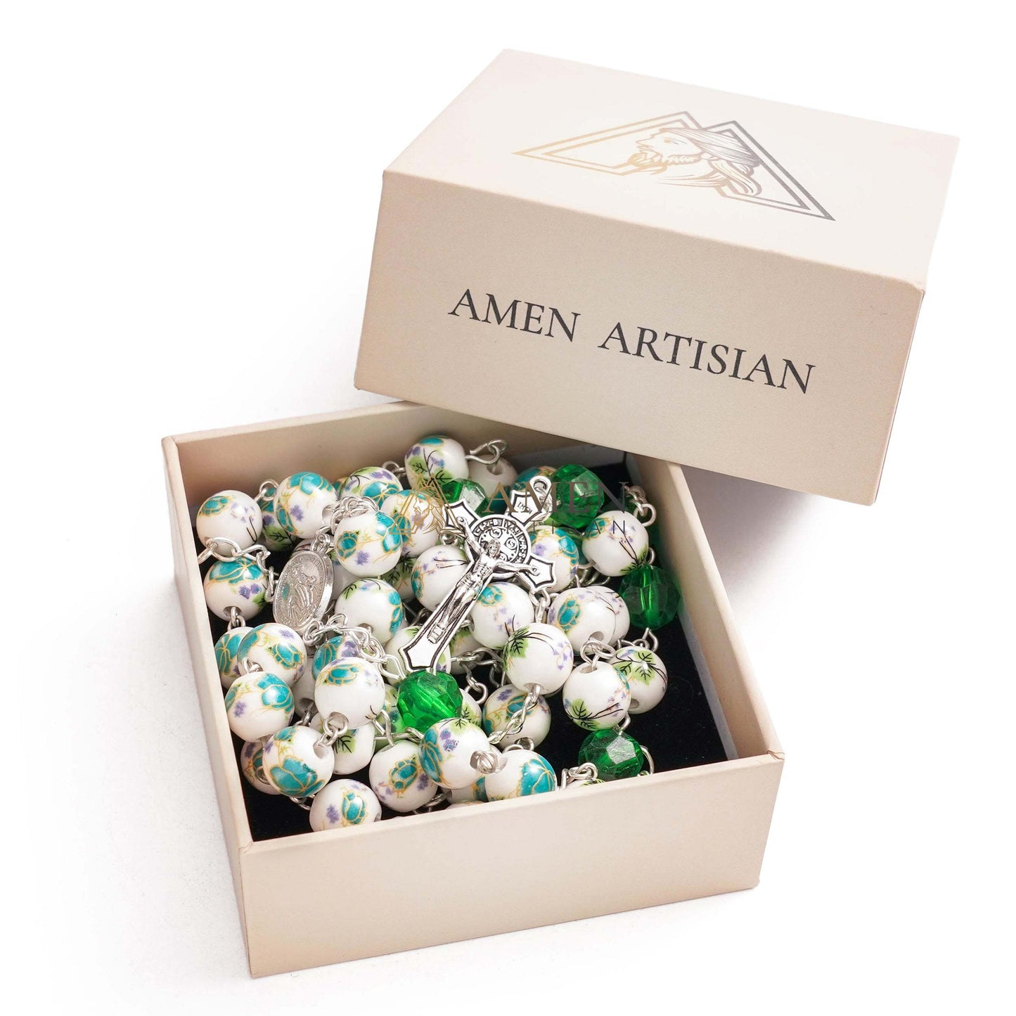 Cyan Floral Ceramic Rosary Amen Artisan