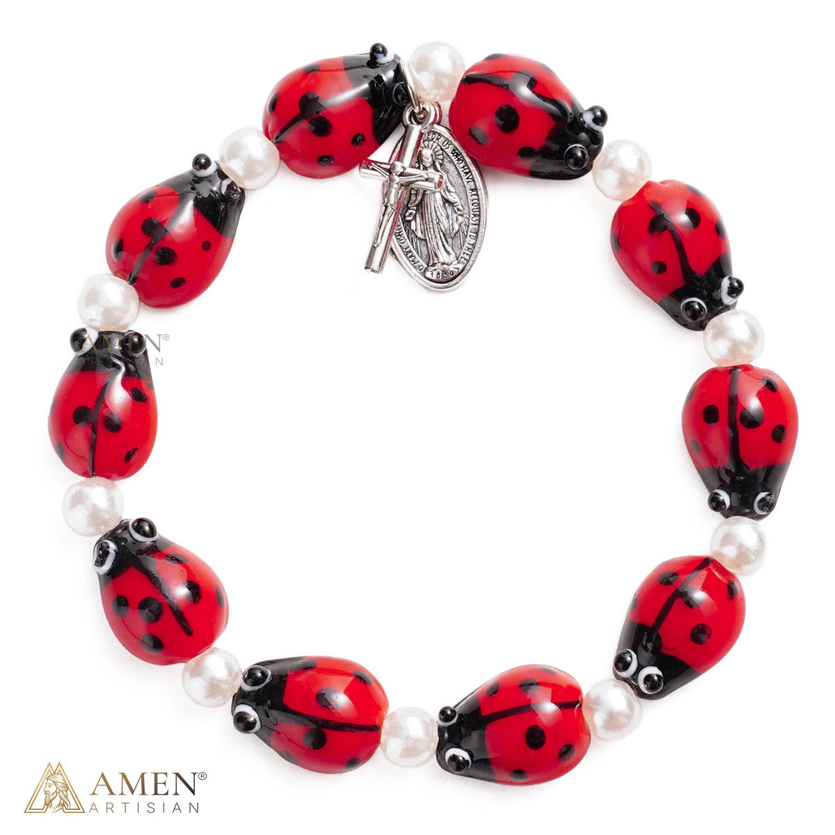 Glass Ladybug Catholic Stretch Bracelet
