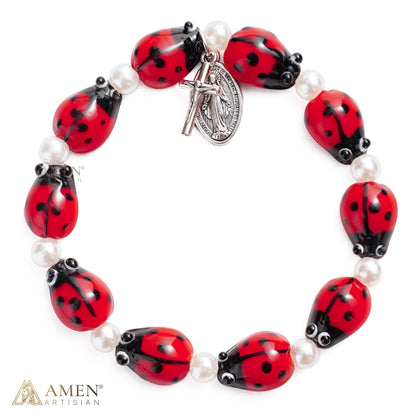 Glass Ladybug Catholic Stretch Bracelet