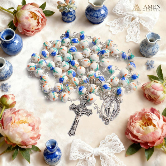 Blue Peony Ceramic Rosary Amen Artisan