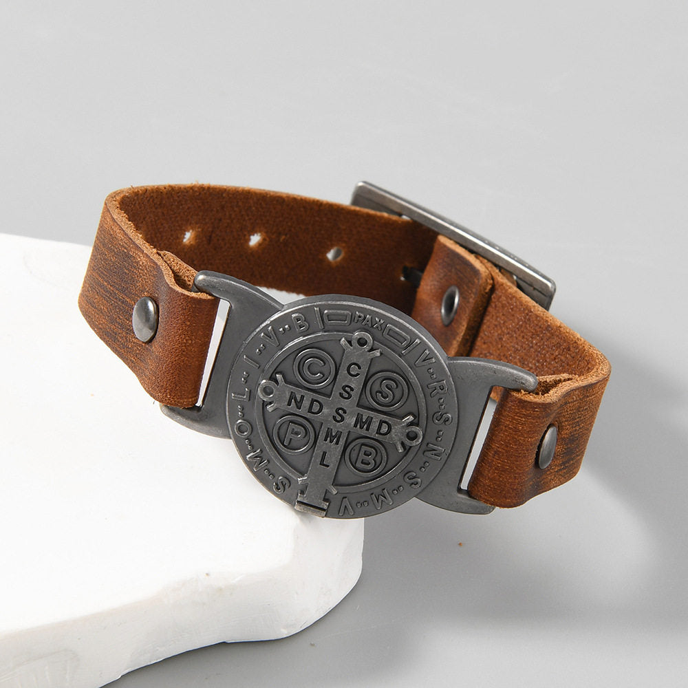【DEAL TODAY】St. Benedict Leather Cuff Bracelet with Large Medal — Protection