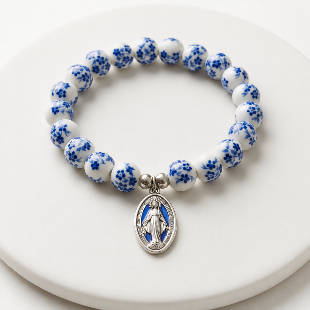 Ceramic Flower Beads Miraculous Medal Stretch Bracelet Amen Artisan