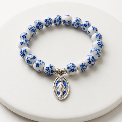 Ceramic Flower Beads Miraculous Medal Stretch Bracelet Amen Artisan