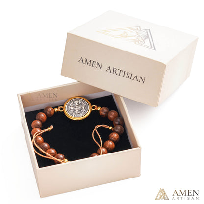 【Deal Today】Wooden Beads Saint Benedict Medal Adjustable Bracelet  | Amen Artisan