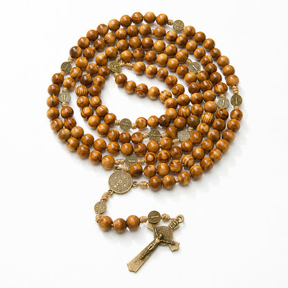 St. Benedict Wooden Rosary with Bronze-Tone Medal Accents