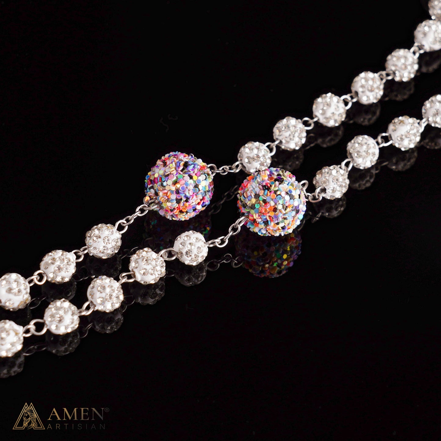 【DEAL TODAY】Our Lady of Guadalupe Five-Decade Rosary with Sparkling Rhinestone Beads and Colorful Sequin Accents — Grace and Devotion | Amen Artisan
