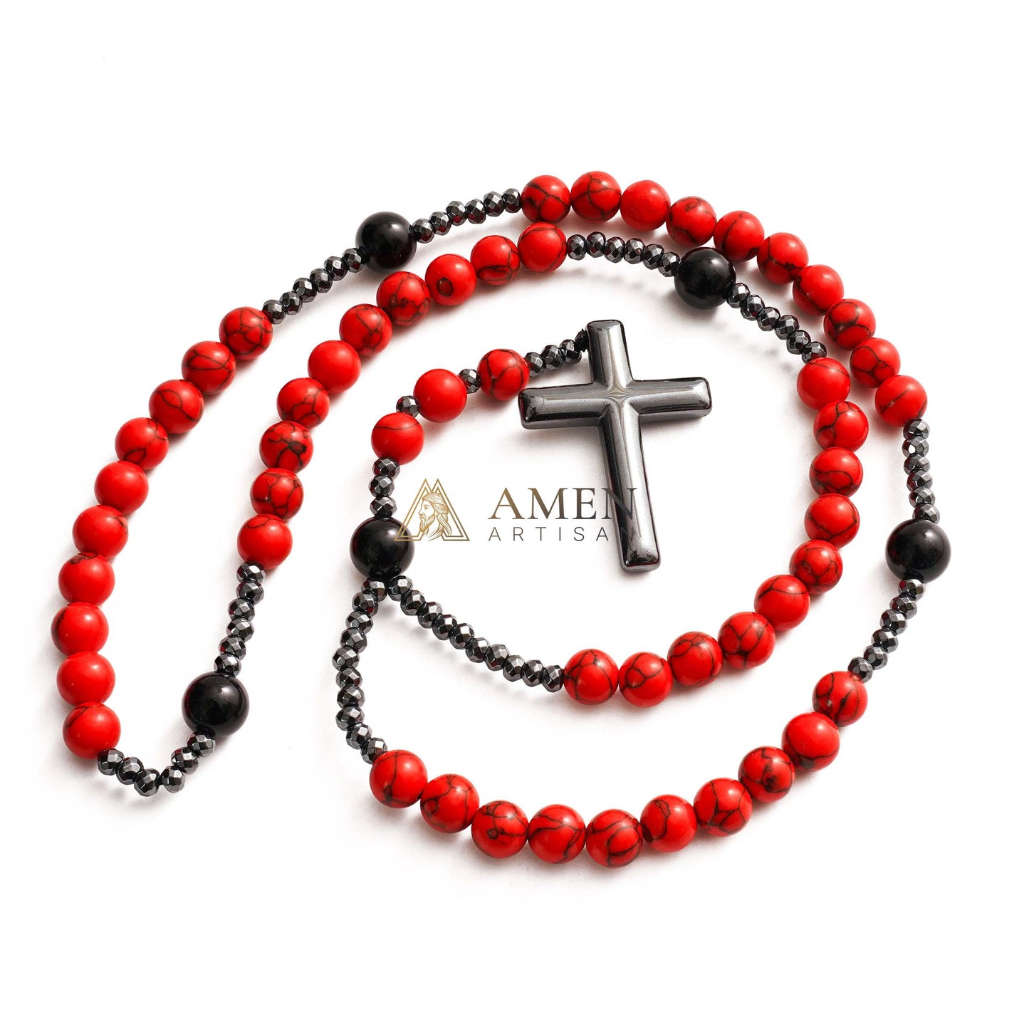 Red Turquoise Cross Rosary Amen Artisan