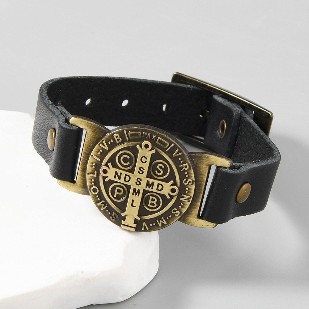 【DEAL TODAY】St. Benedict Leather Cuff Bracelet with Large Medal — Protection
