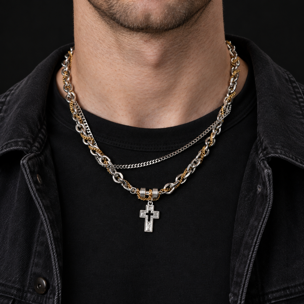Two-Tone Mixed-Link Cross Necklace