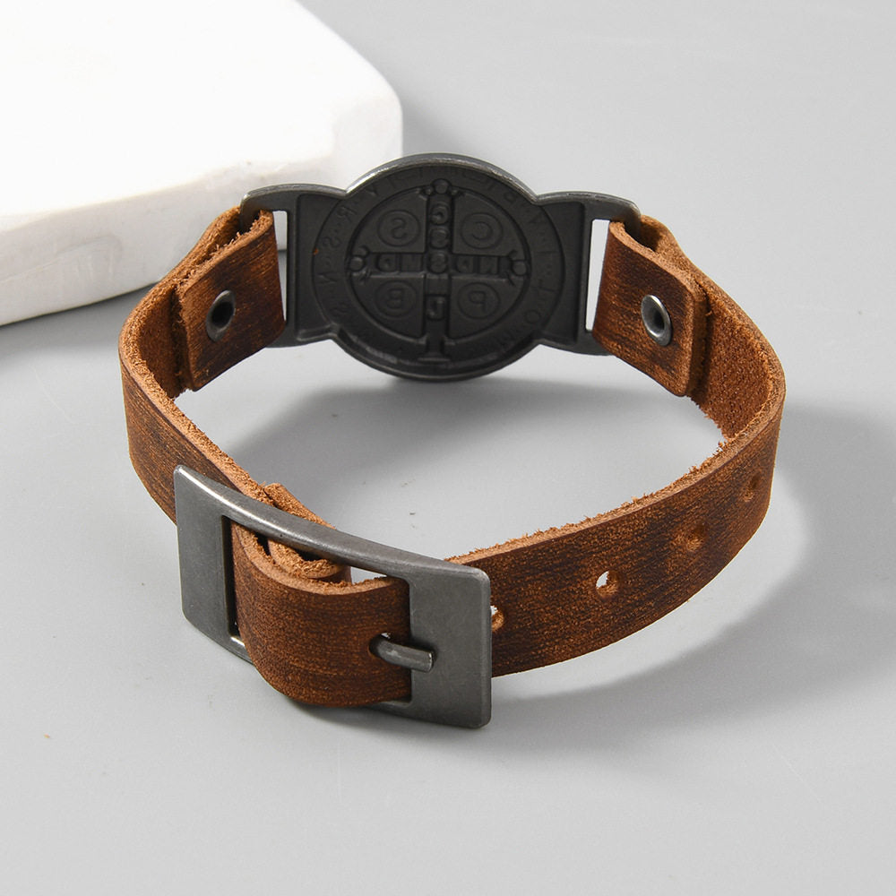 【DEAL TODAY】St. Benedict Leather Cuff Bracelet with Large Medal — Protection