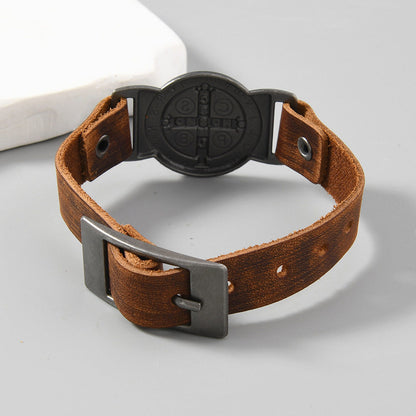 【DEAL TODAY】St. Benedict Leather Cuff Bracelet with Large Medal — Protection