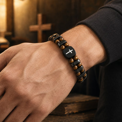 Retro Tiger Eye Cross Bracelet for Men with Adjustable Cord