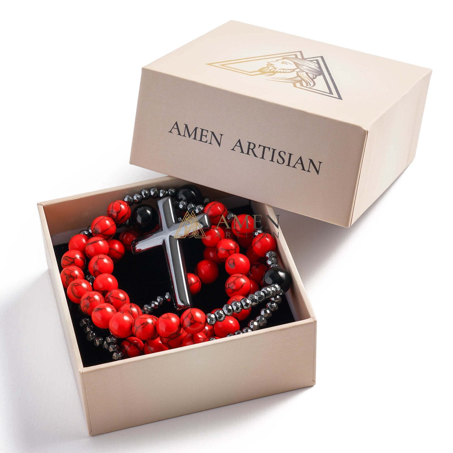 Red Turquoise Cross Rosary Amen Artisan