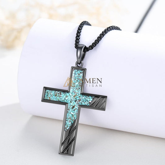 Handcrafted Titanium Steel Turquoise Chip Cross Pendant Necklace  Amen Artisan