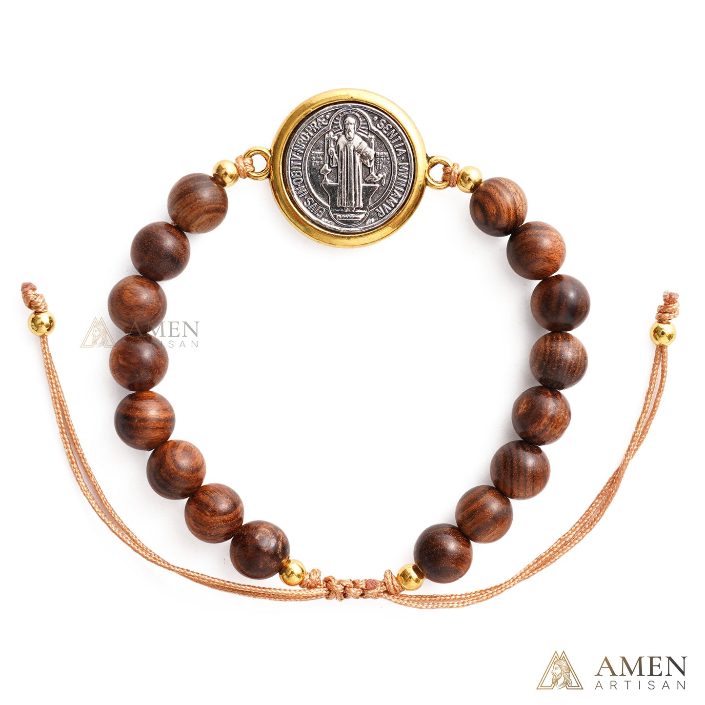 【Deal Today】Wooden Beads Saint Benedict Medal Adjustable Bracelet  | Amen Artisan