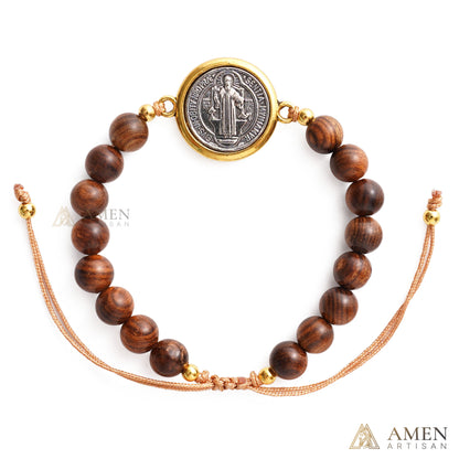 【Deal Today】Wooden Beads Saint Benedict Medal Adjustable Bracelet  | Amen Artisan