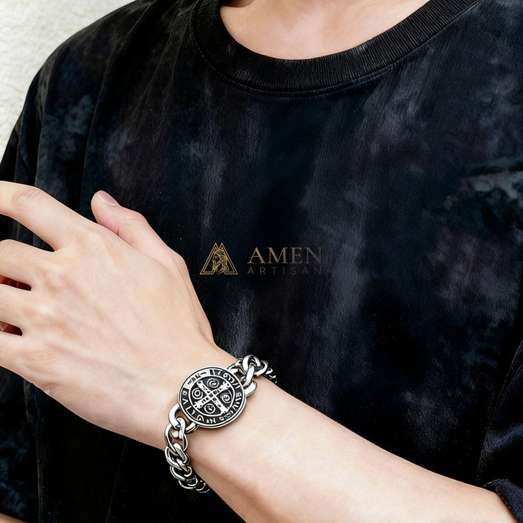 【DEAl TODAY】Saint Benedict Cross Cuban Link Bracelet - Protection, Strength & Faith |  Amen Artisan