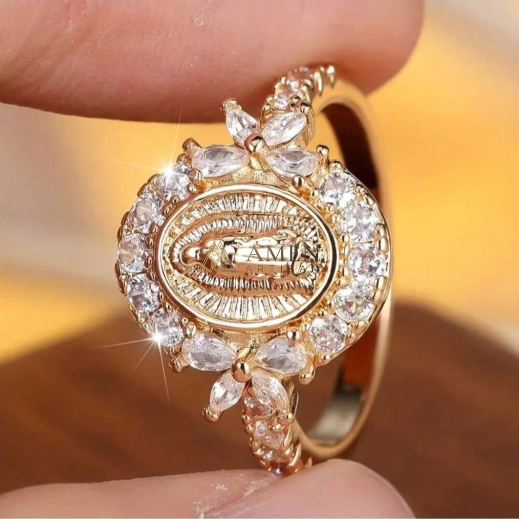 Virgin Mary Crystal-Encrusted Ring Amen Artisan