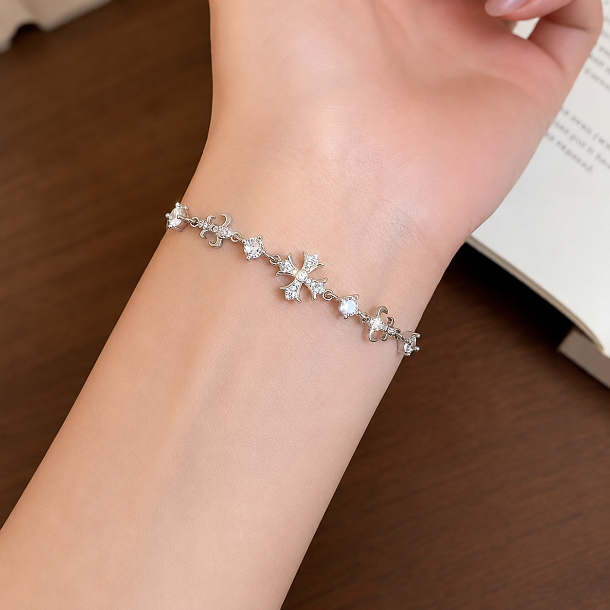 Adjustable Ornate Cross Bolo Bracelet with Sparkling Accents