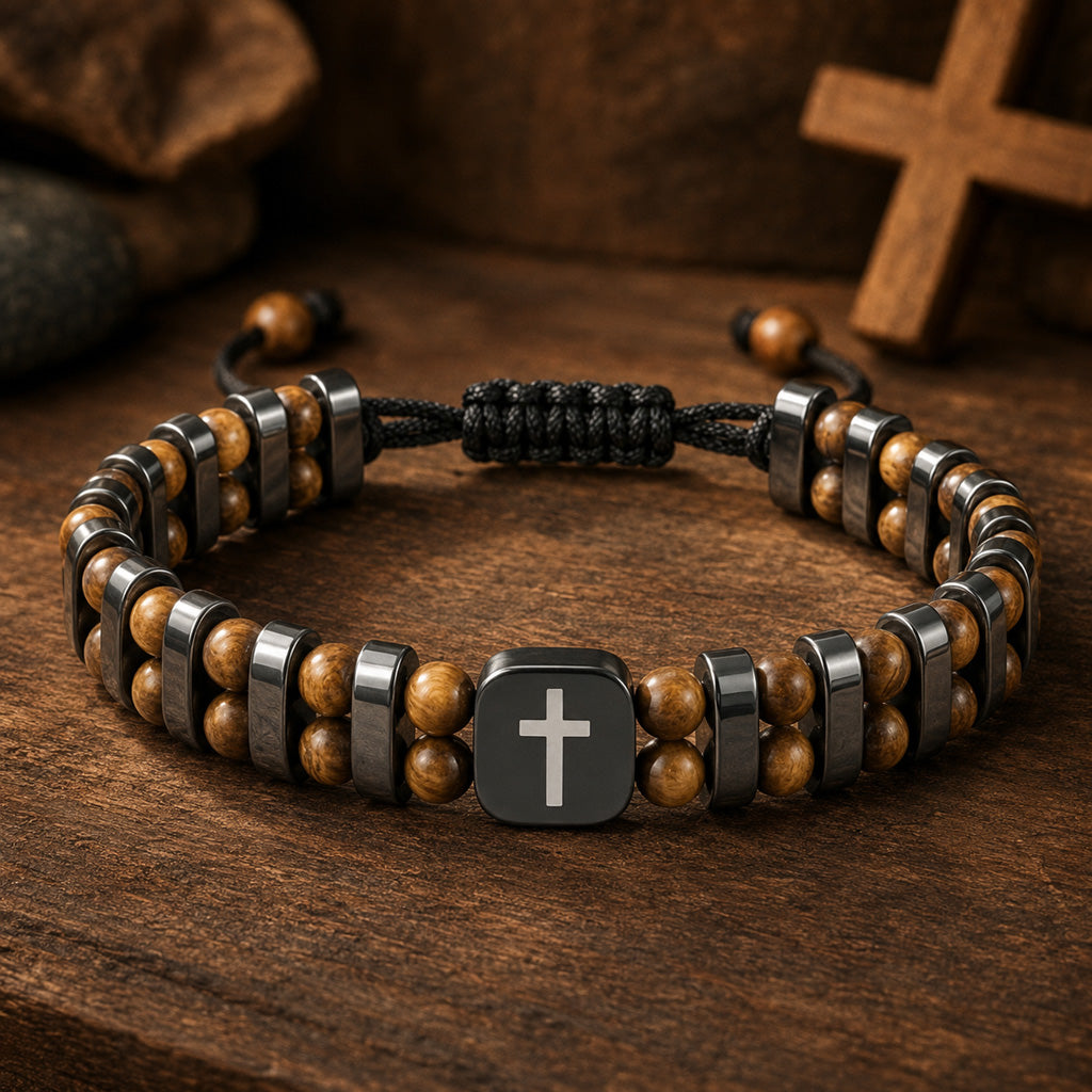 Retro Tiger Eye Cross Bracelet for Men with Adjustable Cord