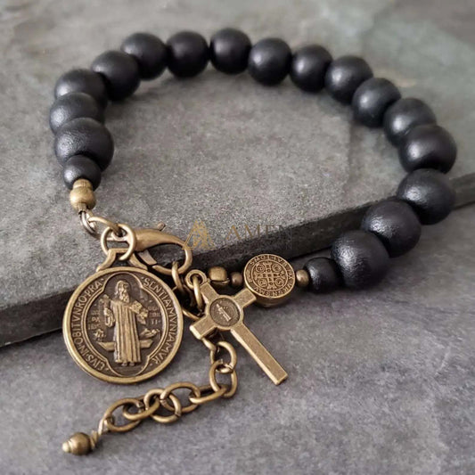 Black Wood Beads Brass Saint Benedict Medal Adjustment Bracelet