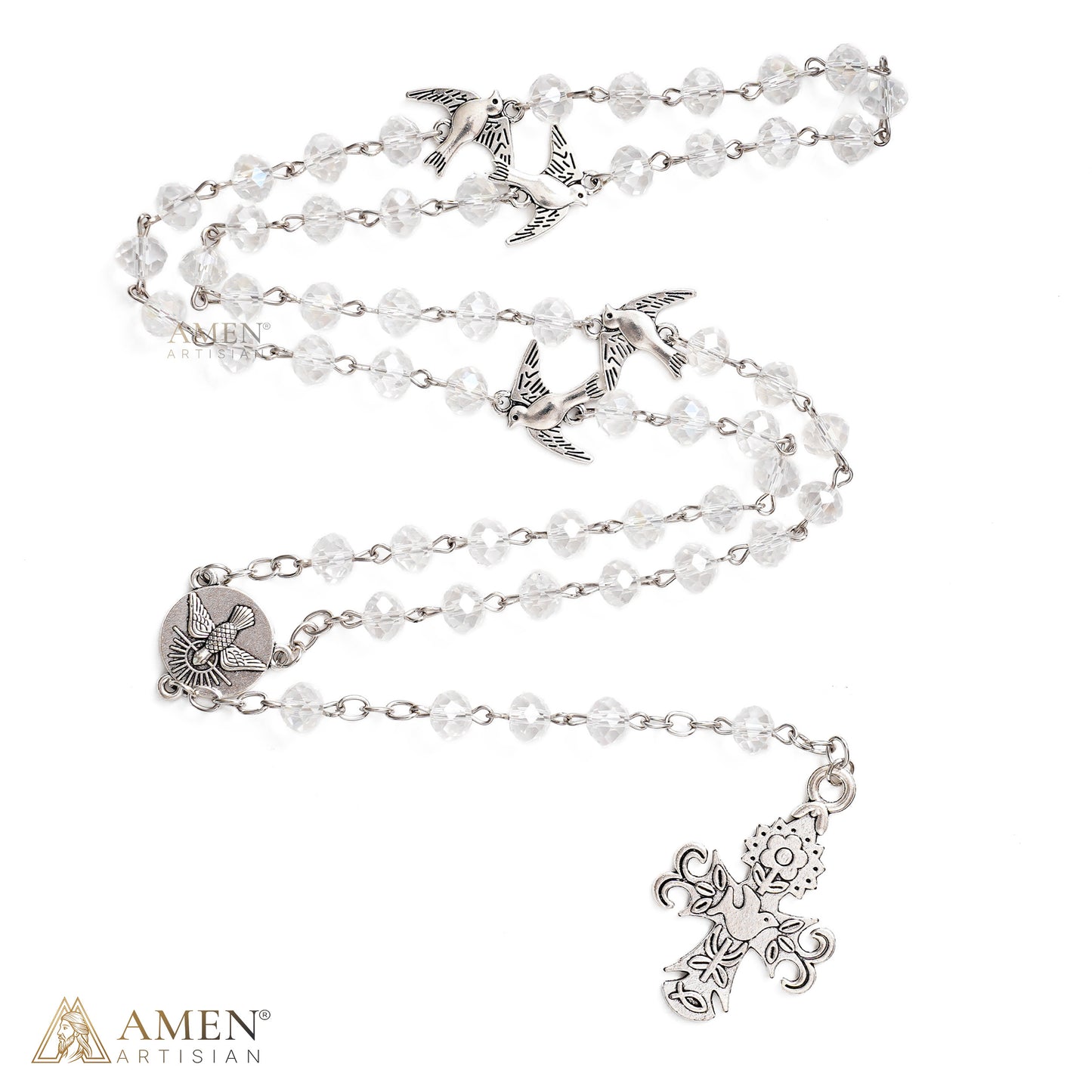 Holy Spirit Dove Rosary-Style Necklace with Clear Faceted Beads