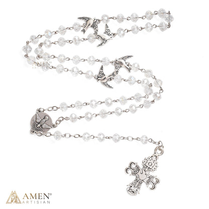Holy Spirit Dove Rosary-Style Necklace with Clear Faceted Beads
