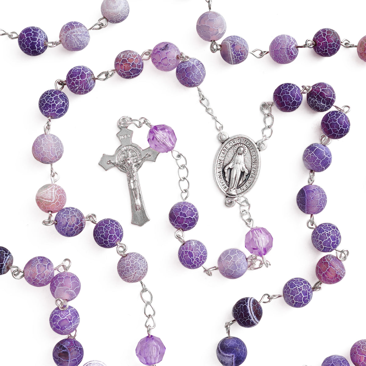Our Lady Purple Natural Stone Rosary — Miraculous Medal & St. Benedict Crucifix