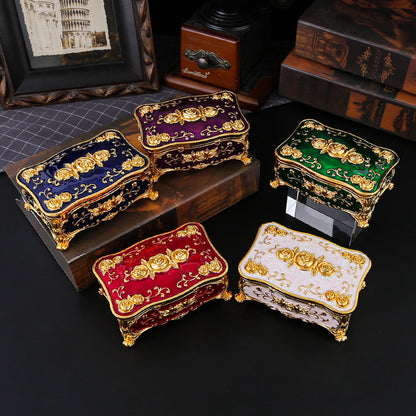 Vintage Rose Metal Rosary Keepsake Box with Gold-Tone Details