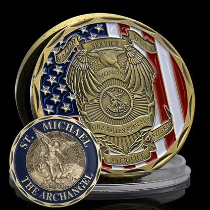St Michael Challenge Coin - Fallen Officers Memorial with American Flag - Amen Artisan