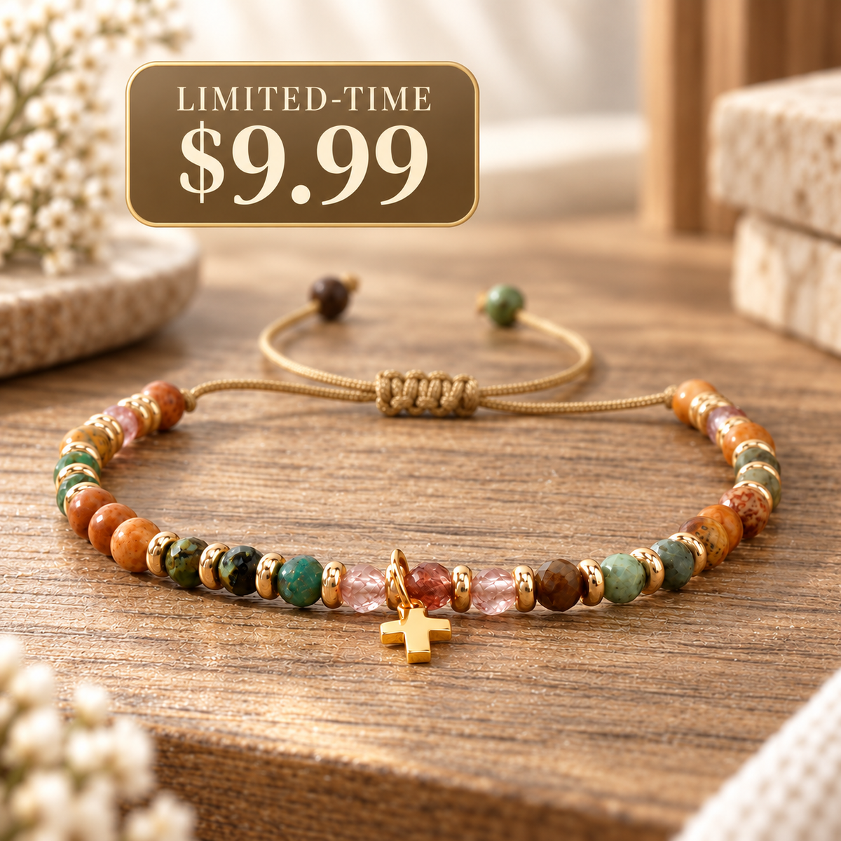 【Deal Today】Boho Natural Stone Cross Bracelet with Adjustable Cord — Faith | Amen Artisan